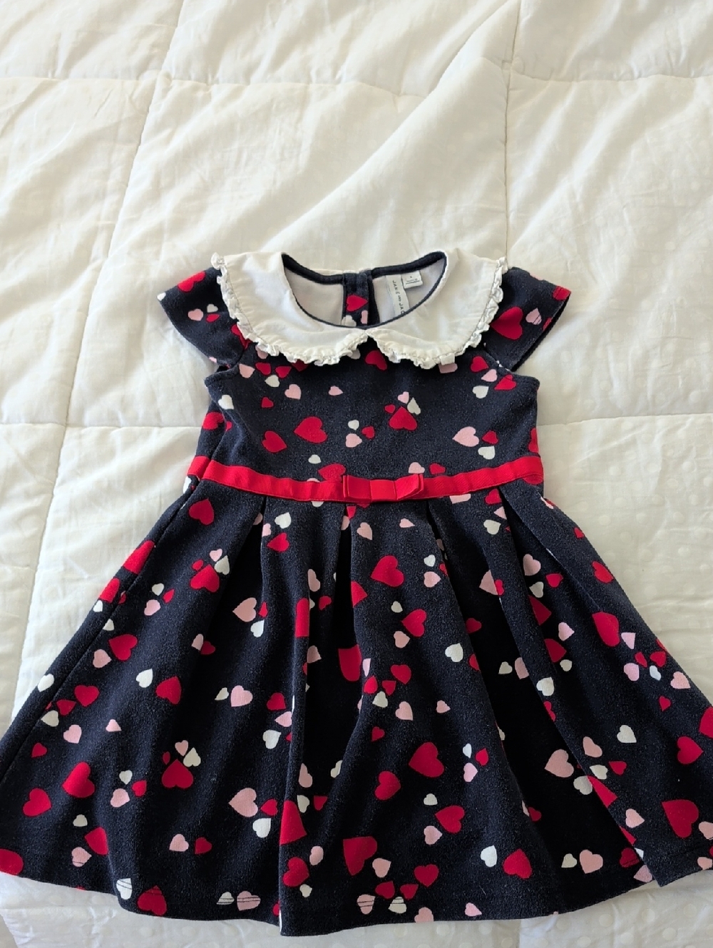 Girls Navy Heart Print Dress with White Peter Pan Collar